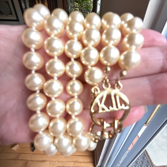 Vintage KJL Kenneth Jay Lane Triple Strand Faux Pearl Necklace with Signed Clasp